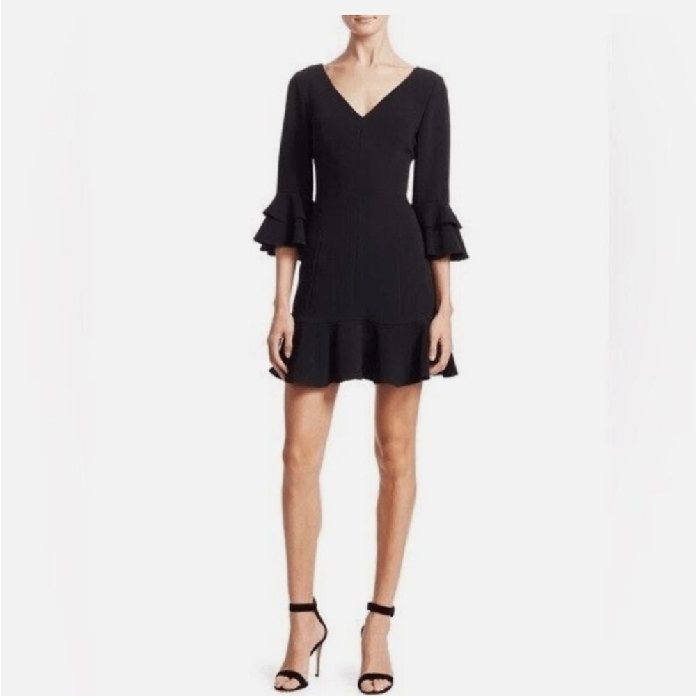 Cinq A Sept Dominique Mini Black Dress Ruffle V Neck Size 0